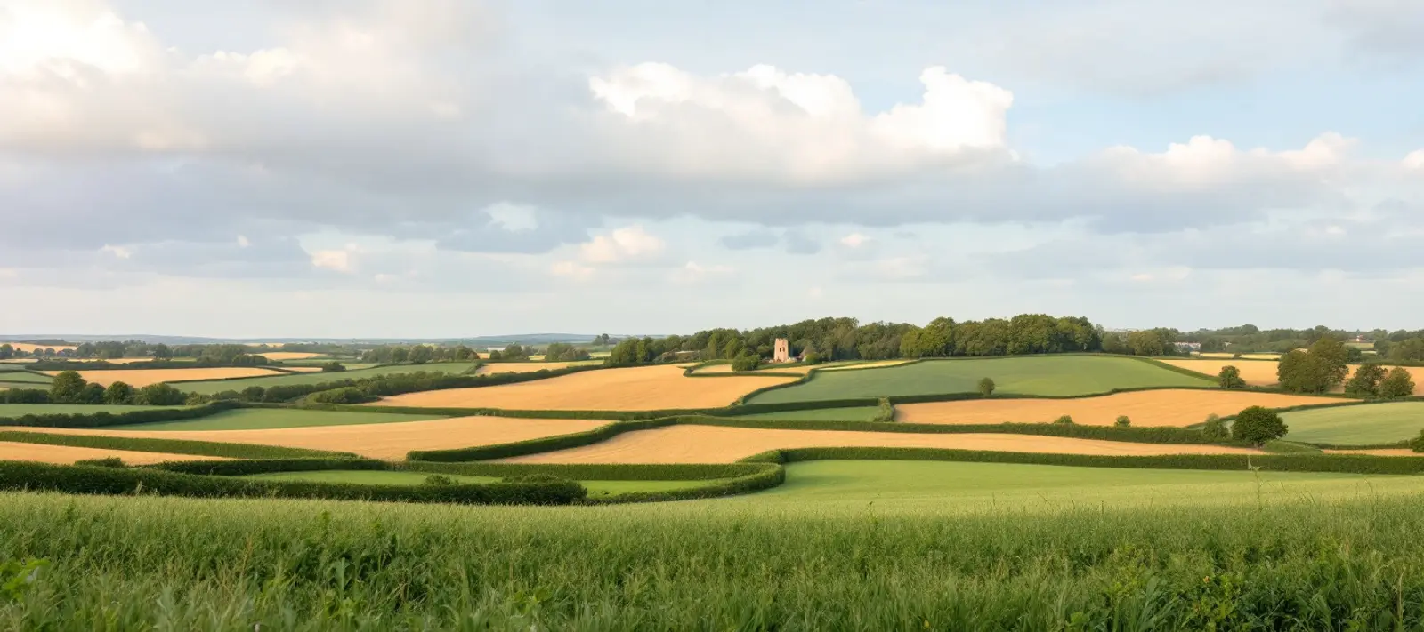 Chalk fields and hedges rolling towards a flint church tower in north Hertfordshire